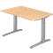A height-adjustable desk with a light brown tabletop and gray metal legs. The right side of the table is slightly elevated.