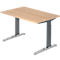 An adjustable height wooden desk with two gray feet.