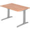 A rectangular, height-adjustable desk made of light wood, with silver legs.