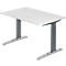 A white height-adjustable desk. Grey legs and frame, light tabletop.