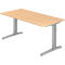 A height-adjustable desk with a light brown tabletop and gray metal legs, set against a white background.
