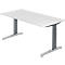 White desk with gray, height-adjustable legs. The table has a rectangular shape and stands on two sturdy feet.