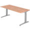 An adjustable height desk, with a rectangular wooden top and gray metal legs.