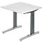 White, square desk on gray-silver height-adjustable legs, isolated.