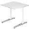 White, square, height-adjustable desk. Gray feet, white columns, light tabletop.