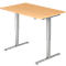 A light, height-adjustable desk with a rectangular tabletop and silver legs. A control is attached to the edge of the table.