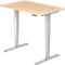 A height-adjustable desk with a light wood top and silver legs. There is a control panel on the tabletop.