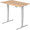 A height-adjustable desk with a light brown tabletop and silver legs that can be adjusted at the touch of a button.