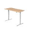A height-adjustable desk made of light wood with silver legs, against a white background.