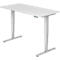 White height-adjustable desk, standing against a white background. A control is attached to the table top.