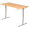 Height-adjustable desk, light wood, grey legs, controls.