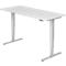 White, height-adjustable desk with silver legs against a white background.