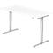 White height-adjustable desk, silver legs, rectangular table top, neutral background.
