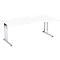 White desk, tabletop with rounded edge. Silver legs.