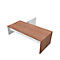 Wooden office desk with white base, photographed slightly diagonally from above.