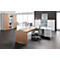 Office with desk, chair, cabinets and round table. Wood and white furniture, dark floor, large windows.
