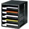 Black file organizer with six drawers, partially filled with colored paper. White labels on the drawers.