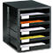 Black letter tray organizer with six compartments. Some compartments are filled with colored papers.