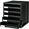 Black document organizer with six compartments. Two drawers are open, with white label holders.