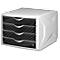 A white drawer tower with four drawers. The drawer fronts are black with white, curved lines. Metal handles.
