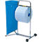 Support mobile en métal pour rouleau de papier bleu, équipé d'un sac poubelle bleu.