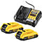 Batteries jaunes et un chargeur noir de la marque DeWalt. Inscription : 18V XR et 2,0 Ah.