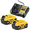Chargeur de batterie avec deux batteries jaunes, marque DeWalt. Inscription : 18V, XR, 5AH, DCB1104.
