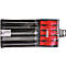 Tool set with black files and red handles in a transparent bag.