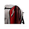 Ein grauer Rucksack, teilweise geÃ¶ffnet, zeigt ein rotes Innenfutter und eine Tablet-Tasche.