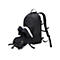 Schwarzer Rucksack mit weissen Schuhen. Der Rucksack hat mehrere FÃ¤cher und TrÃ¤ger.