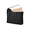 Sac fourre-tout noir avec contenu : ordinateur portable, papier, bloc-notes. Poignées en haut, environnement neutre.