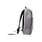Grauer Rucksack in Seitenansicht. Schwarze Träger und ein Tragegriff. Der Hintergrund ist weiß.