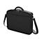 Schwarze Laptoptasche mit Schulterriemen, Henkelgriff und silbernen Reißverschlüssen. Fronttasche mit Ziernähten.