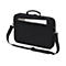 Schwarze Laptoptasche mit Griff, Schulterriemen und Papiereinlage. Das Produkt ist freigestellt.