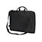 Schwarze Laptoptasche mit Tragegriff und Schultergurt. Auf der Vorderseite ein Logo.