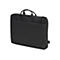 Schwarze Laptoptasche, mit Tragegriff und Reißverschluss. Auf der Tasche befindet sich ein kleines Logo.
