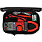 Ein rotes und schwarzes Multimeter mit geöffneter schwarzer Tragetasche und Zubehör.