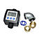Black flow meter with digital display next to elbow, seals, and fittings.