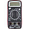 Ein rotes und schwarzes digitales Multimeter. Es hat ein LCD-Display, einen Drehschalter und Anschlüsse für Messleitungen.