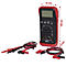 Ein rotes Multimeter mit schwarzen Knöpfen und Display. Messleitungen mit Krokodilklemmen.