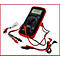 Ein rotes und schwarzes digitales Multimeter, mit Messleitungen und Zubehör. Auf dem Display werden Nullen angezeigt.