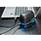 Black device with blue and green lighting, connected to a laptop via USB cable. Lies on a dark wooden surface.