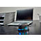A black device with blue light connected to a laptop. In the background a filing tray and pens.