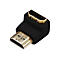 Schwarzer HDMI-Adapter mit vergoldeten Anschlüssen. Der Adapter hat eine L-Form.