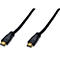 Schwarzes HDMI-Kabel mit vergoldeten Anschlüssen, das vor weißem Hintergrund liegt.