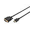 Un câble HDMI vers DVI noir sur fond blanc. Le connecteur DVI est à gauche, le connecteur HDMI est à droite.