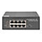 Schwarzer 7-Port Gigabit PoE Switch, vorne befinden sich acht Ports, LEDs und ein Schalter.
