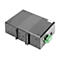 Schwarzes elektronisches GerÃ¤t mit grÃ¼nem Stecker und Montagevorrichtung. Auf grauem Hintergrund.