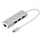 Grauer USB-C-Hub mit Ethernet-Anschluss und USB-AnschlÃ¼ssen, Kabel mit USB-C-Stecker.
