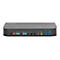 Commutateur USB noir avec ports, LED et ports USB Ã  l'avant, fond gris.